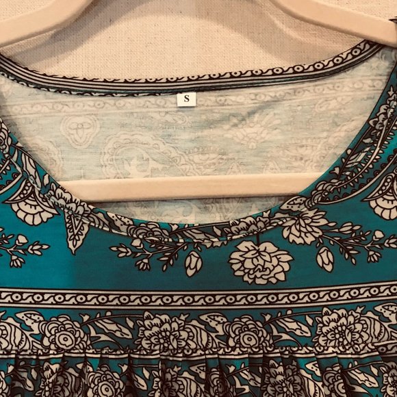Women's Blouse Teal with White floral pattern Top Shirt Size S New - Picture 2 of 3